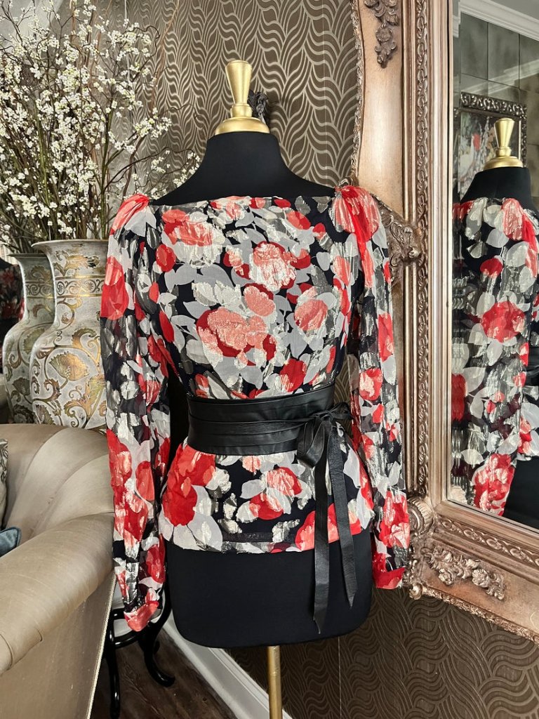 Adele Davis Vintage Metallic Red Black Floral Blouse